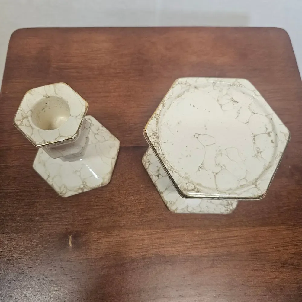 Vintage 90s PartyLite Ivory Crackle Pillar Candle Holder Set of 2 - Cream - Picture 2 of 7